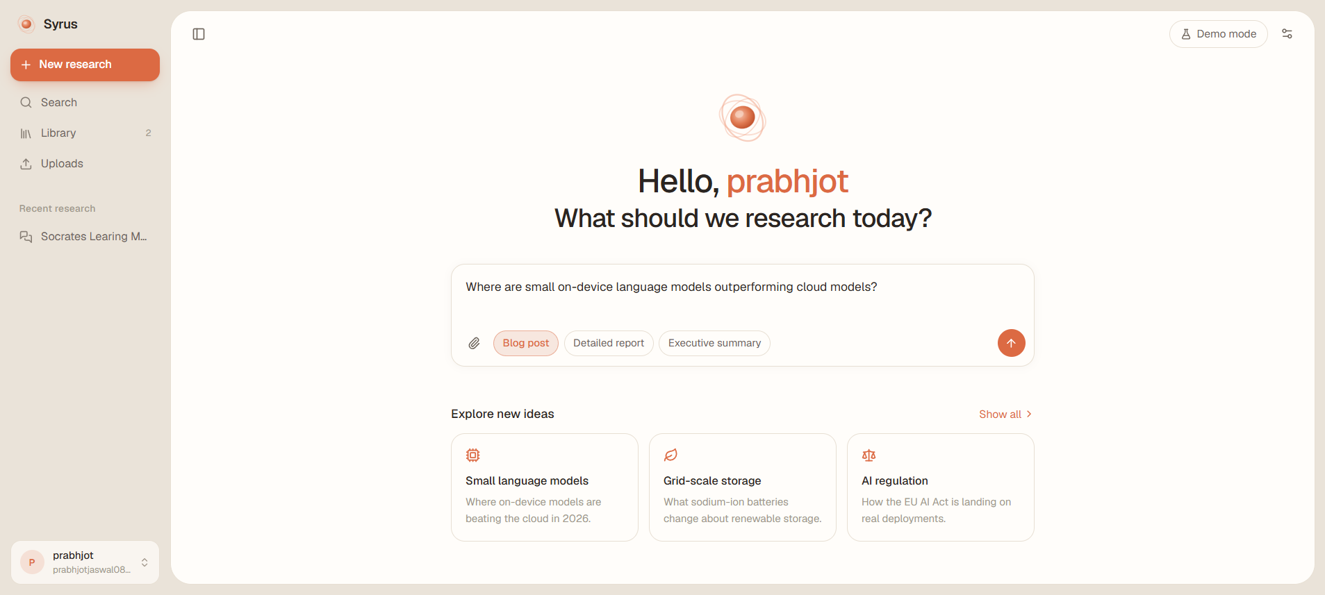 Syrus — the research, fact-check report, draft and references tabs side by side